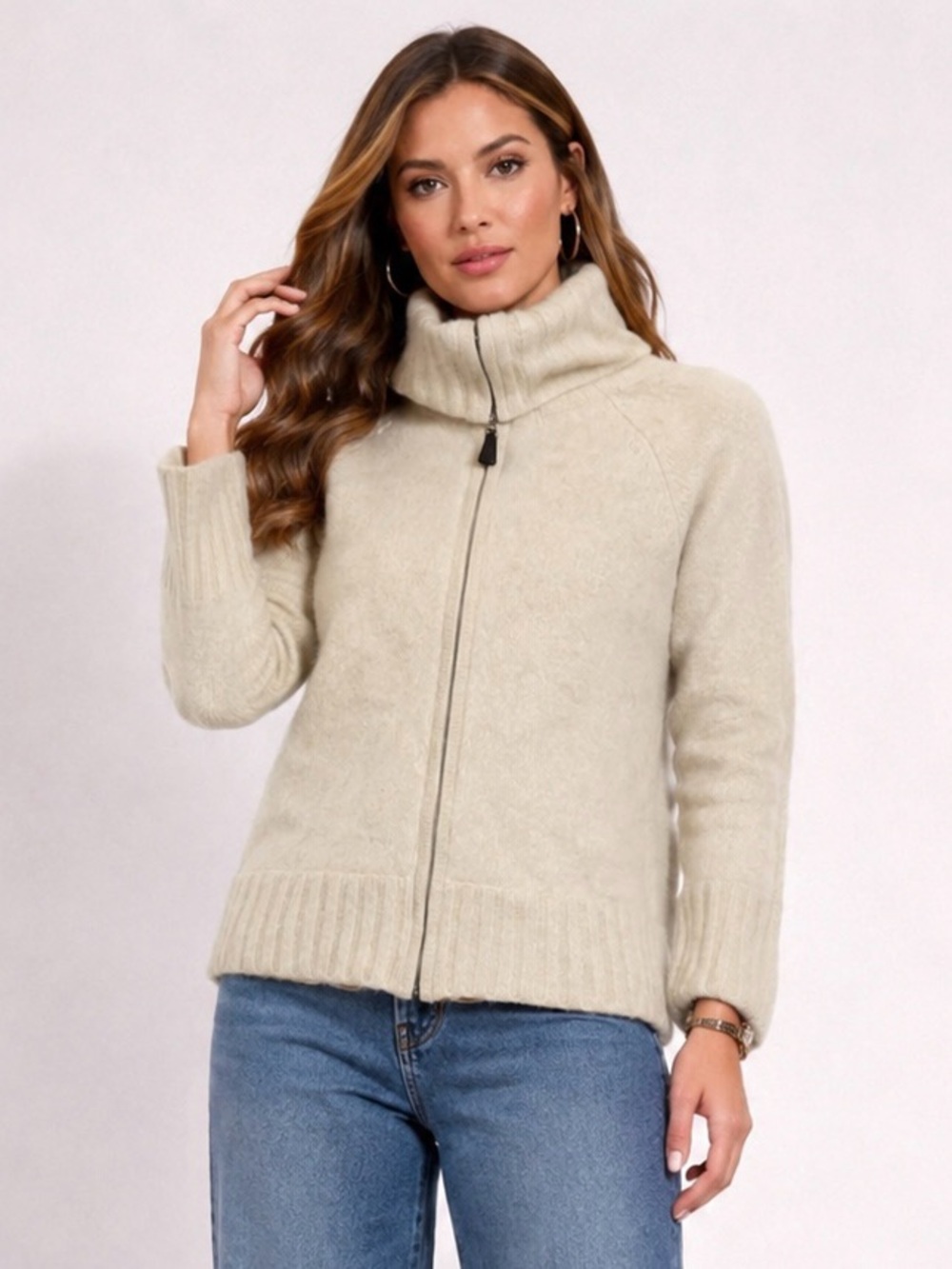 Pure Cashmere Women’s 100% Cashmere Zip Up Sweater Jacket Cream Size L Soft Knit